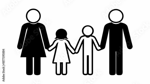 Family of four holding hands together in a heartwarming illustration from a straightforward viewpoint