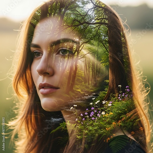 Double exposure of a serene woman with a scenic forest landscape through her hair in a field