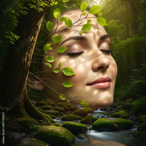 Serene woman face with closed eyes surrounded by lush greenery and mossy forest stream at sunrise