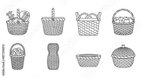 Collection of woven baskets and containers Vector