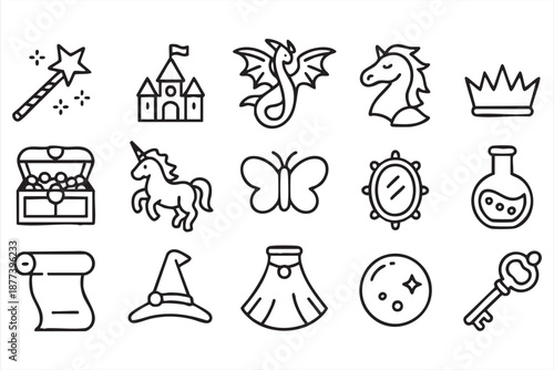 Fairytale and mythical icon set for fantasy books, games and stories