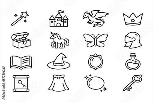 Fantasy story symbols with unicorns, dragons and enchanted objects