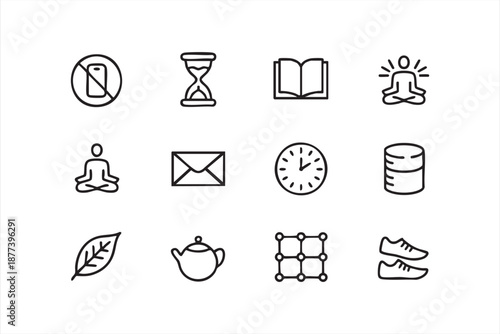 Digital detox and wellness outline icons for mindful living