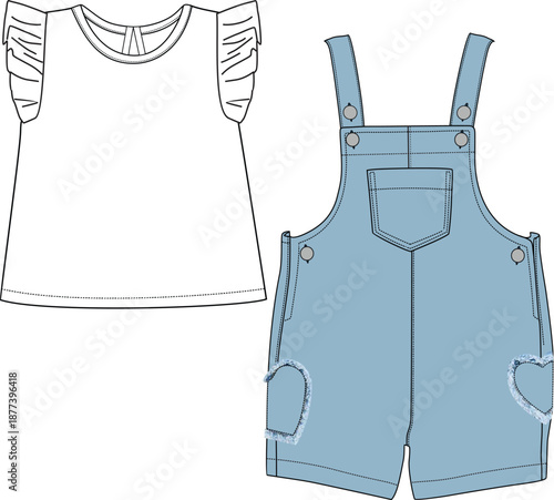 girls dungaree set outline print illustrations.eps