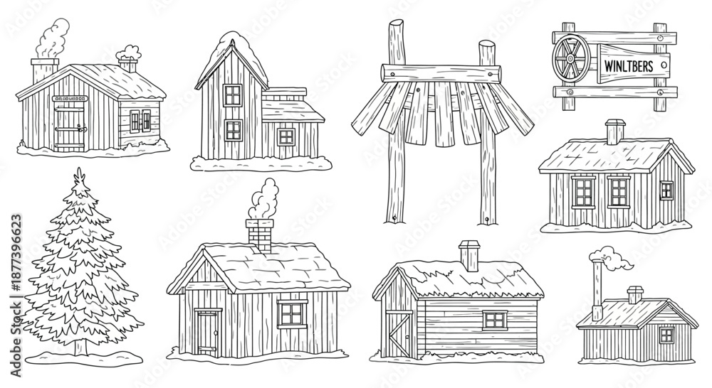 Naklejka premium Rustic winter cabins and structures Vector