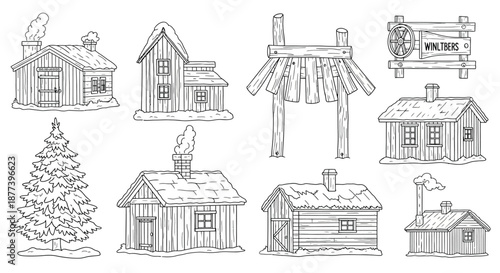 Rustic winter cabins and structures Vector