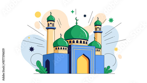 Islamic mosque illustration with green domes and minarets