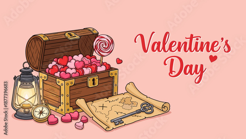 Valentine's Day treasure chest with candies and heart decorations