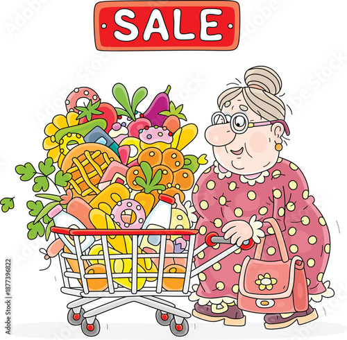 Cheerful granny walking with a shopping cart full of fresh tasty food in a supermarket, vector cartoon illustration on a white background
