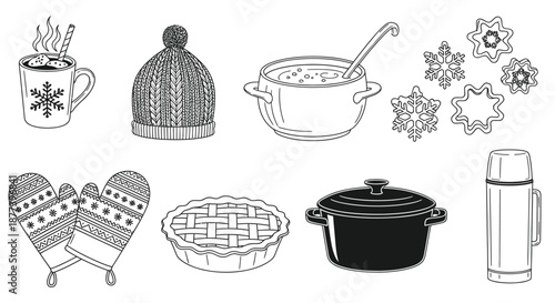 Cozy winter kitchen essentials Vector