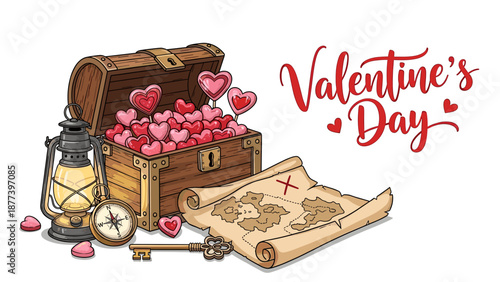 Valentine's Day treasure chest with hearts and map