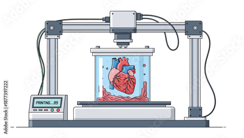A futuristic concept illustration of a 3D printer bioprinting a realistic human heart organ for transplantation or medical research.