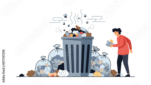 A man adding more garbage to an overflowing, stinky trash can surrounded by full garbage bags, illustrating a pollution problem.