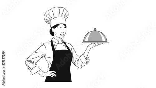 A black and white line art illustration of a smiling female chef in a uniform and hat, presenting a meal on a covered platter.