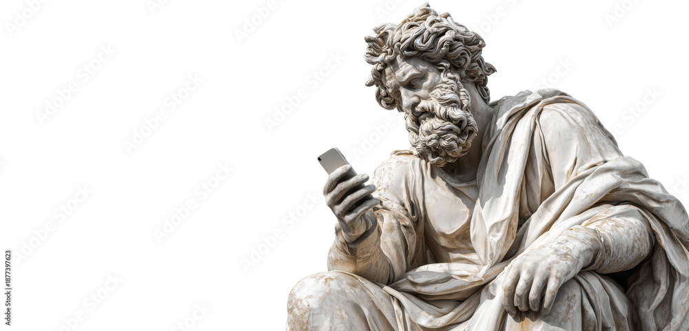 Obraz premium Marble statue of an ancient greek god with a beard and curly hair, holding a modern smartphone with detailed textured surface, classical style sculpture
