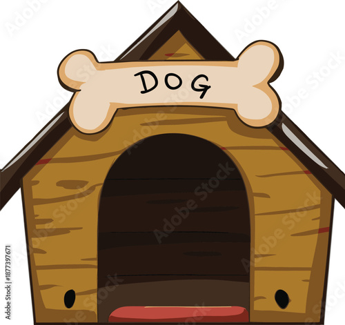 Cartoon wooden dog house illustration with bone sign, cute pet shelter design, flat vector style isolated on white background for pet concepts