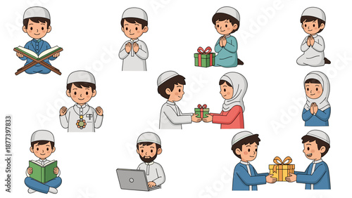 Set of 10 Muslim children illustrations vector