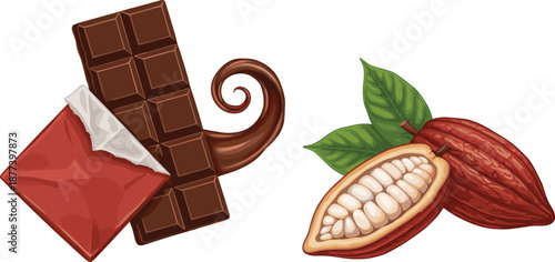 Chocolate bar with cocoa swirl and cacao pod illustration, sweet dessert ingredient concept, vector food art, isolated white background design