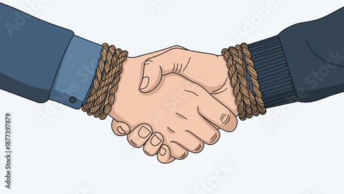 Conceptual illustration of a binding or forced agreement showing two hands in a handshake with wrists tied together by rope.