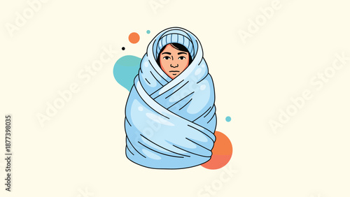 Illustrated character wrapped up tightly and warmly in a cozy blue blanket looking out with abstract circles in the background.