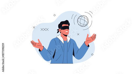 A man wearing a blindfold smiles as he juggles a wireframe globe, symbolizing ignorance or blind trust in global affairs.
