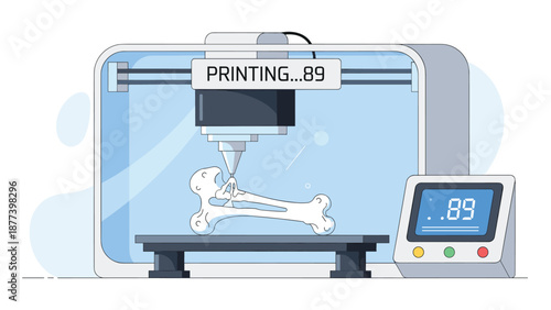 Advanced 3D printer in a lab setting creating a complex human bone structure, showcasing medical and technological innovation.