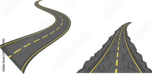 Curved asphalt road illustration set, winding highway and mountain road perspective, cartoon flat vector paths isolated on white background
