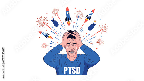Man with PTSD clutching his head in distress as fireworks, rockets, and bombs explode around him, triggering his trauma.