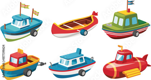Cute cartoon boats and ships collection illustration, colorful toy water transport designs, kids nautical vehicles set, playful marine vector isolated on white background