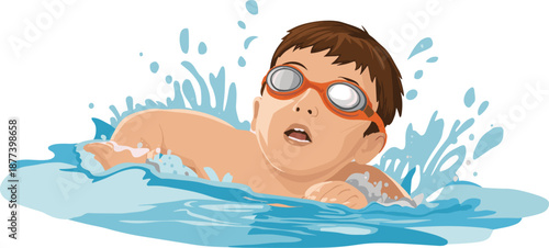 Cute cartoon boy swimming illustration with goggles, child practicing freestyle stroke in water, colorful flat vector isolated on white background for sports education
