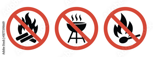 No open fire prohibition signs, red circular safety symbols showing no grilling and no matches warning icons.