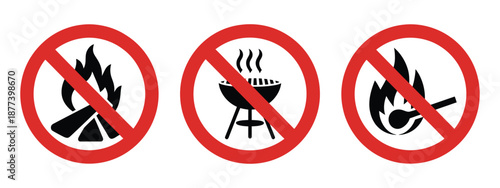 No open fire prohibition signs, red circular safety symbols showing no grilling and no matches warning icons.