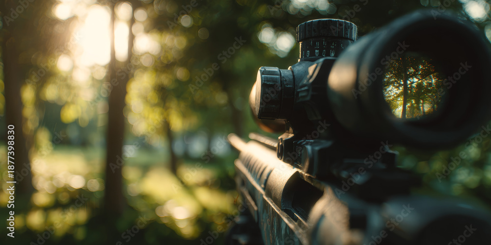 custom made wallpaper toronto digitalMarksman equipment with black matte finish and precision scope mounted on a tactical equipment in outdoor woodland setting