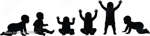 Baby growth stages silhouette illustration showing infant development from crawling to standing, childhood milestones, child development concept, parenting education, early learning visual, 