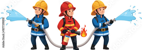 Cute cartoon firefighters teamwork illustration, kids friendly rescue characters, fire safety concept, isolated on white background, colorful emergency crew