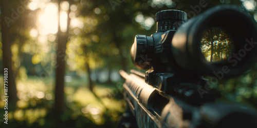 Wallpaper Mural Marksman equipment with black matte finish and precision scope mounted on a tactical equipment in outdoor woodland setting Torontodigital.ca