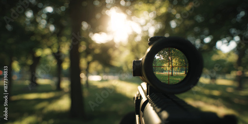 Wallpaper Mural Marksman equipment scope with detailed reticle mounted on a equipment, focusing on a target in a natural outdoor setting during daytime Torontodigital.ca
