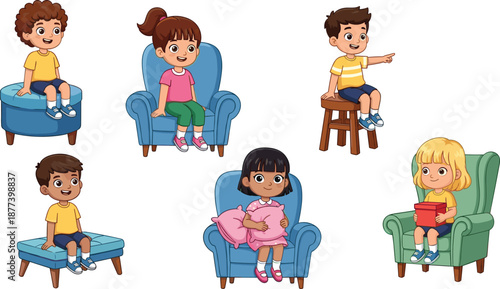 Cute cartoon kids sitting on chairs collection, happy children characters, nursery classroom illustration set, isolated on white background