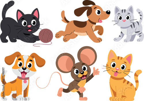 Cute cartoon pets collection with cats dogs and mouse characters, playful domestic animals illustration, kids friendly design, colorful vector set isolated on white background