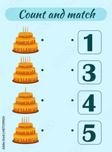 Count and match holiday activity for preschool kids birthday cake with candles game children
