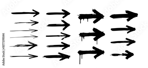 Artistic grunge brush stroke arrow bundle with dry ink texture, featuring various directional pointers and bold swipes for creative graphic design projects.