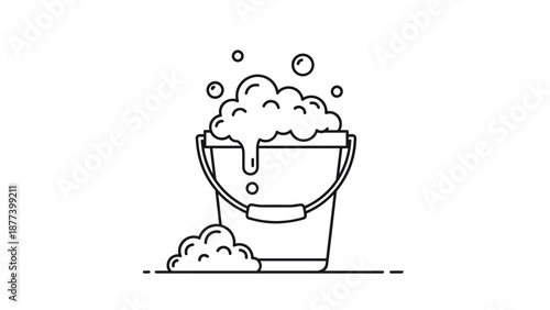 A simple black outline icon of a bucket filled with soap suds and overflowing with foam and bubbles for cleaning tasks.