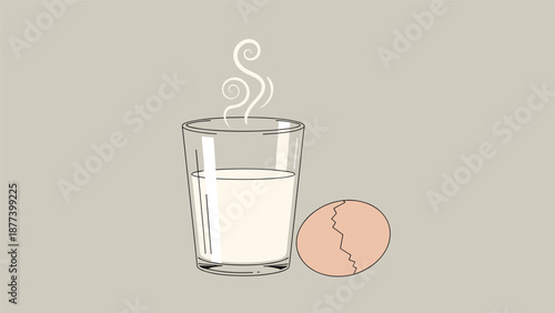 A simple line drawing of a healthy breakfast with a steaming glass of warm milk next to a cracked brown egg.
