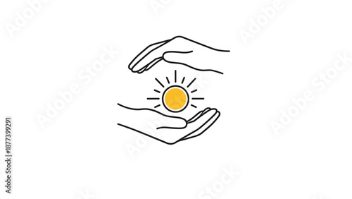 A minimalist icon with two hands protectively cupping a small, shining sun, symbolizing energy, care, and conservation.