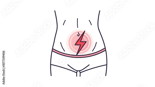 A minimalist illustration of a woman's lower abdomen with a lightning bolt symbol to represent sharp menstrual period pain.