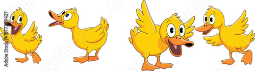 Cute yellow duck cartoon characters set in different poses, funny farm bird illustration, kids animal design, playful wildlife vector isolated on white background