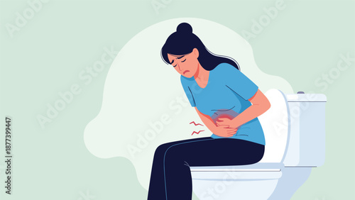 A woman sits on the toilet, clutching her stomach in pain, suffering from severe cramps, diarrhea, or constipation.