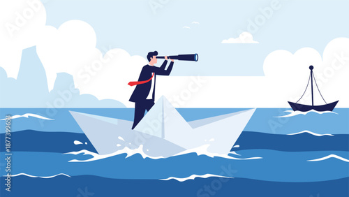 A businessman in a paper boat on a rough sea looks through a telescope, symbolizing vision, leadership, and exploration.