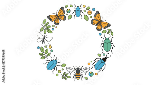 Circular wreath with colorful insects butterflies and beetles