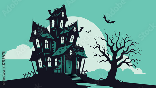 Haunted house silhouette with full moon bats and dead tree